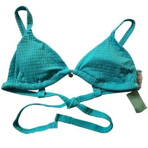 Full Tilt Swim Aqua Smocked Triangle Bikini Top Wrap Tie Shell Charm XL NWT